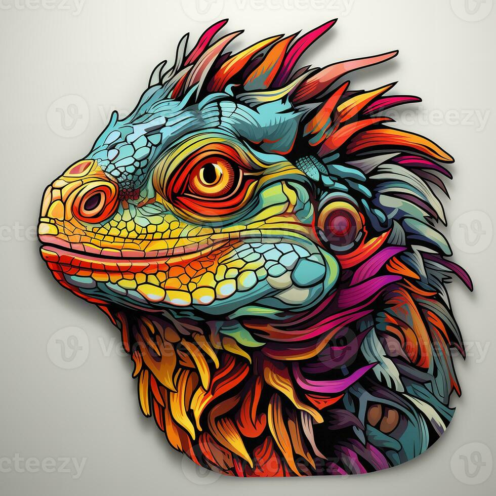 AI generated A stunning close-up photo of a colorful iguana head on a white background. The iguana's scales are a vibrant green color with bright blue and yellow markings. Its eyes are large