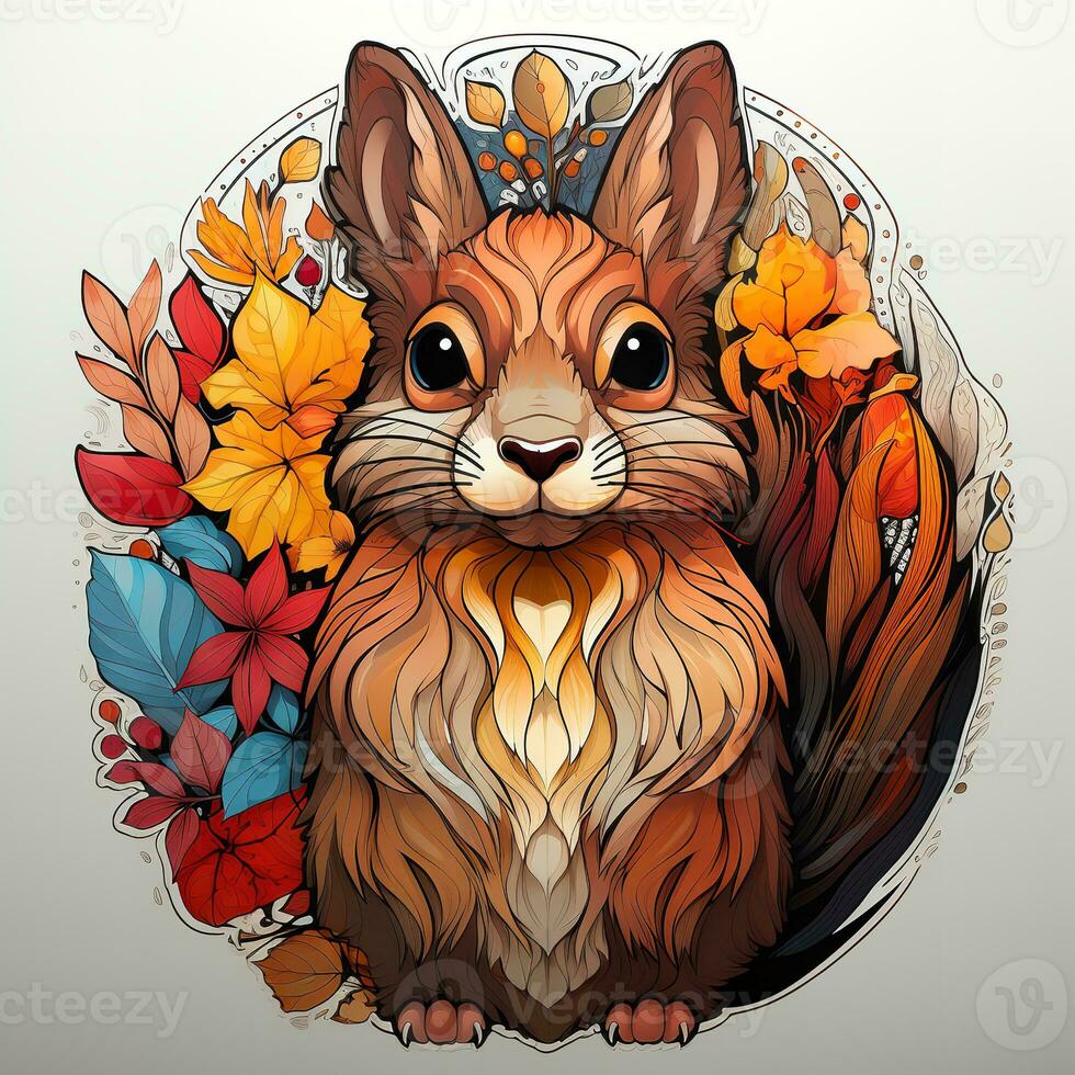 AI generated This enchanting digital artwork depicts a glowing squirrel surrounded by flowers and leaves. The squirrel's fur is a vibrant shade of green, and its body is surrounded by a soft photo