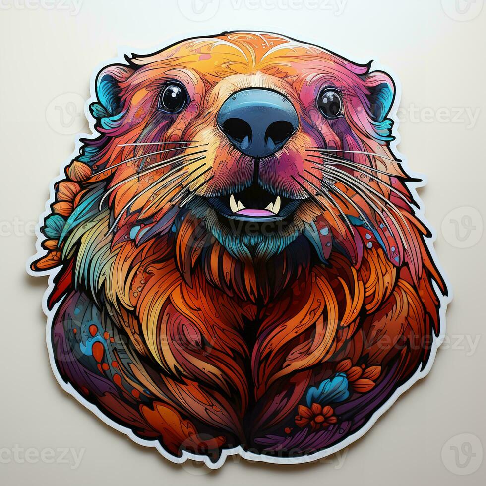 AI generated The beaver head is adorned with a variety of vibrant colors and intricate patterns, creating a sense of wonder and whimsy. The beaver bright eyes and expressive expression photo