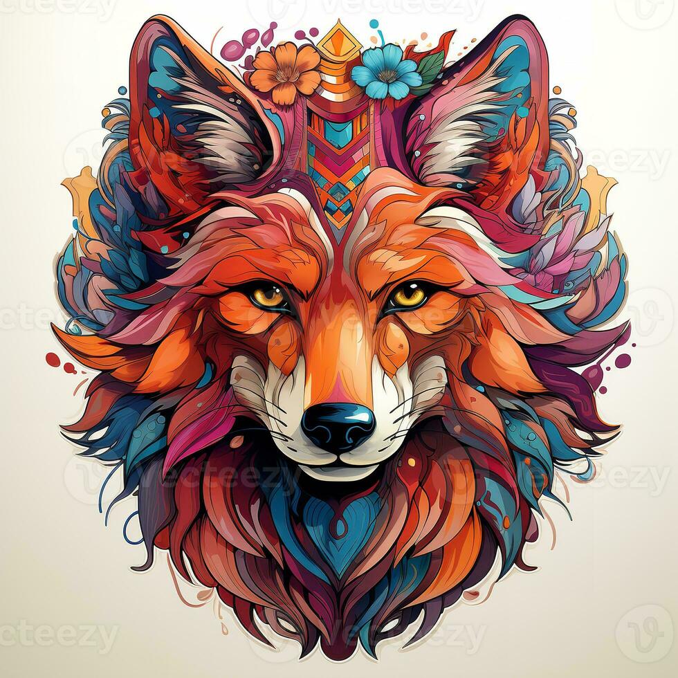 AI generated A digital art illustration of a colorful fox head with a crown of flowers on a white background. The fox has bright orange fur and green eyes, and its crown is made of a variety photo