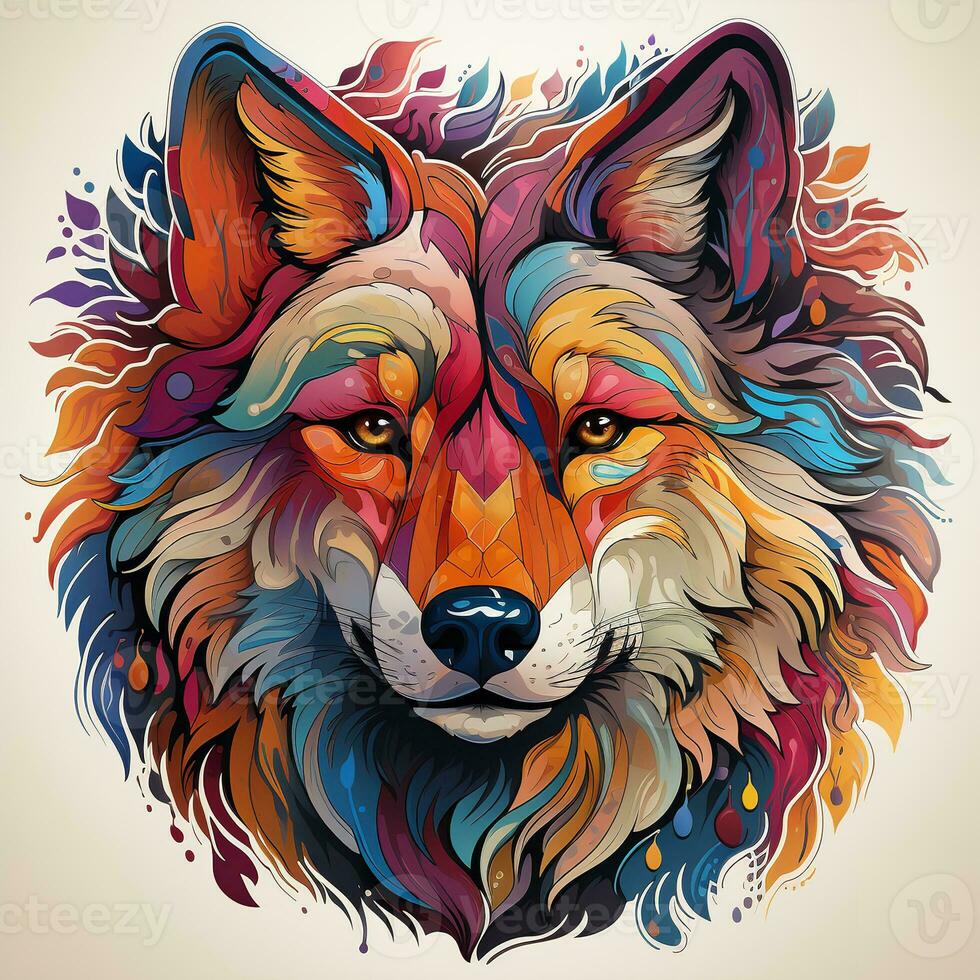 AI generated This enchanting image depicts a vivid wolf head with colorful fur and leaves adorning its crown. The wolf's eyes are piercing and intelligent, and its expression is one of mystery photo