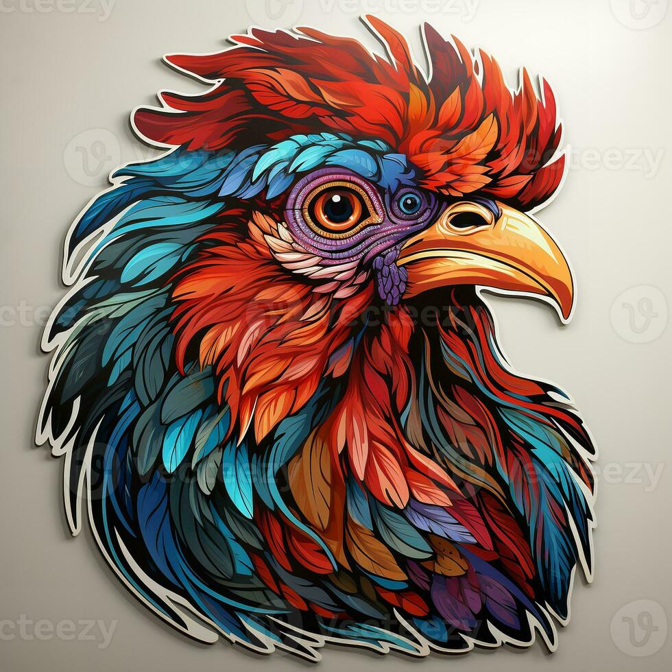 AI generated This stunning digital artwork depics the head of a majestic rooster with vibrant colors and intricate details. The rooster's feathers are meticulously rendered, showcasing the iridescence photo