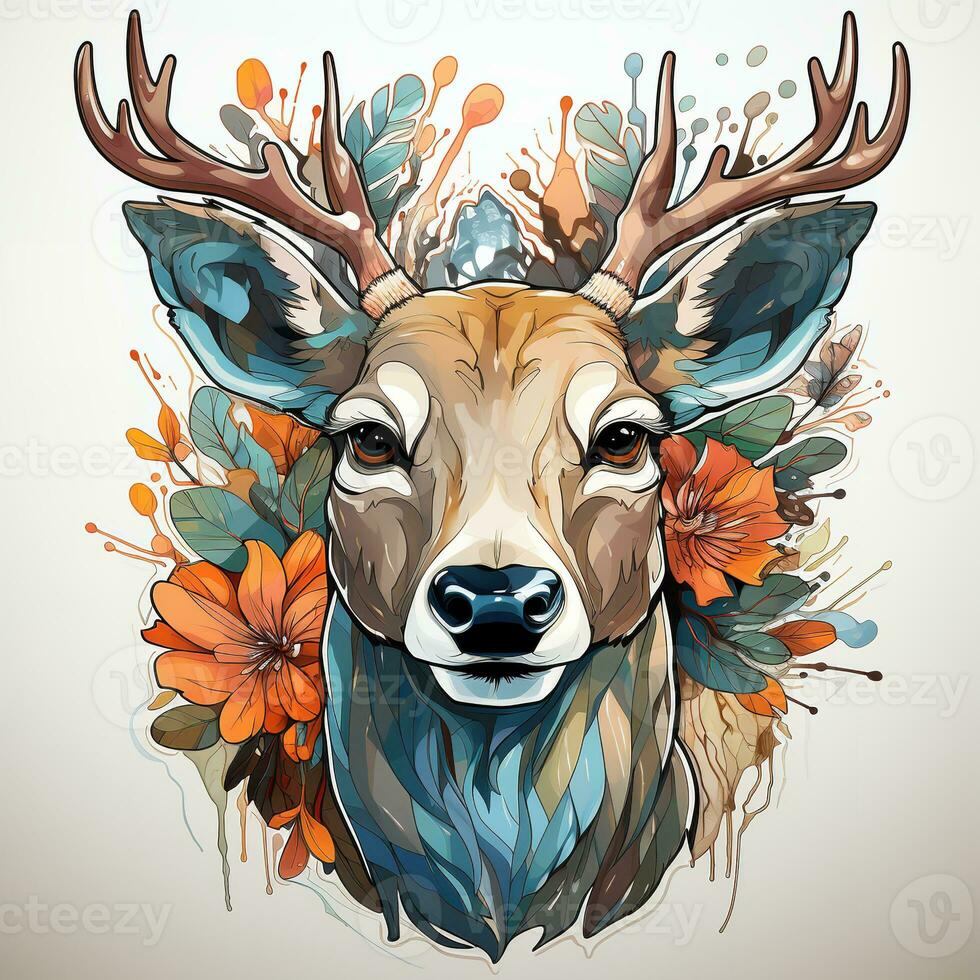 AI generated A digital illustration of a deer head with flowers on a white background. The deer has soft brown fur, large brown eyes, and antlers decorated with a variety of flowers photo