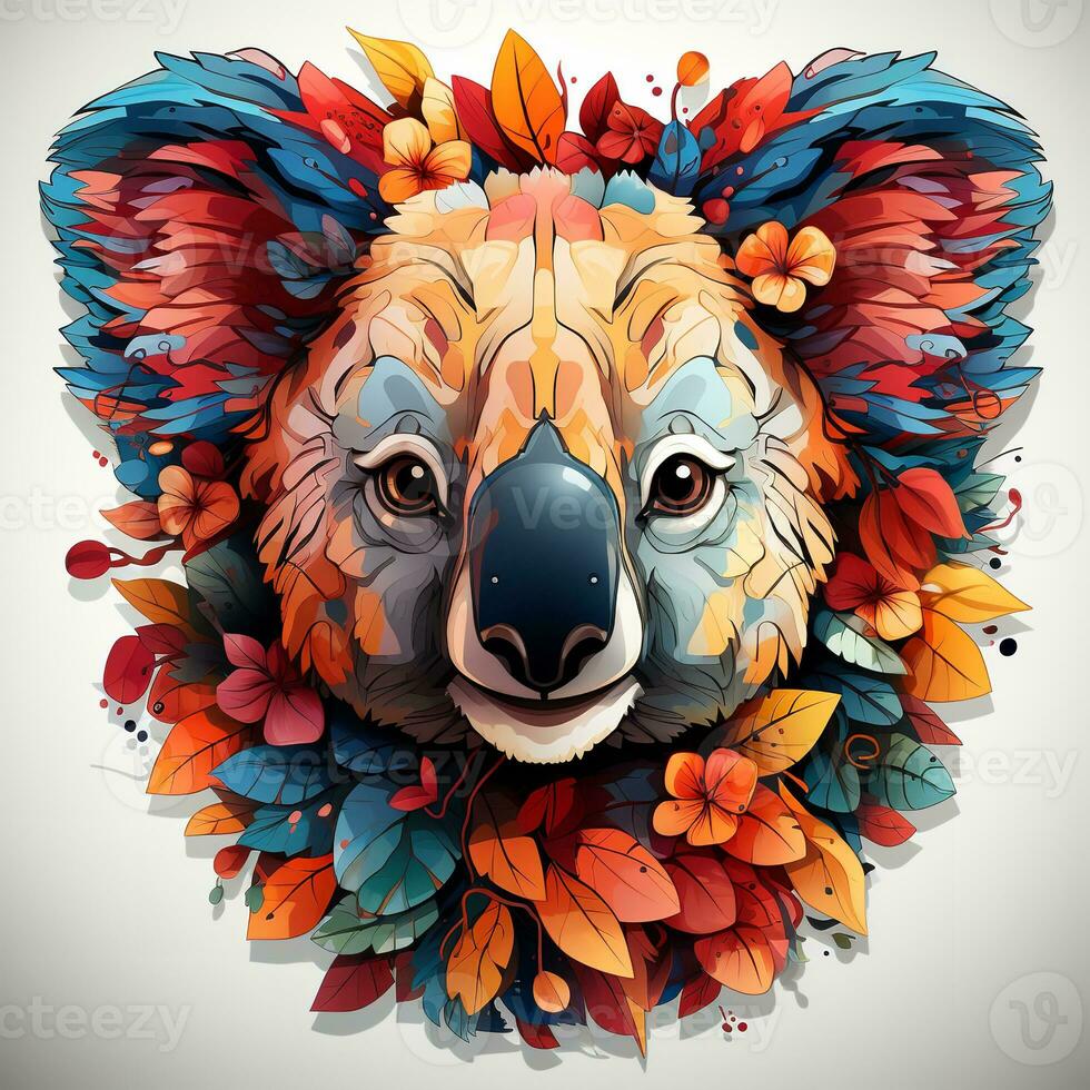AI generated Digitally painted psychedelic portrait of a koala sitting on a tree branch, surrounded by flowers and mushrooms. The koala's fur is bright and colorful photo
