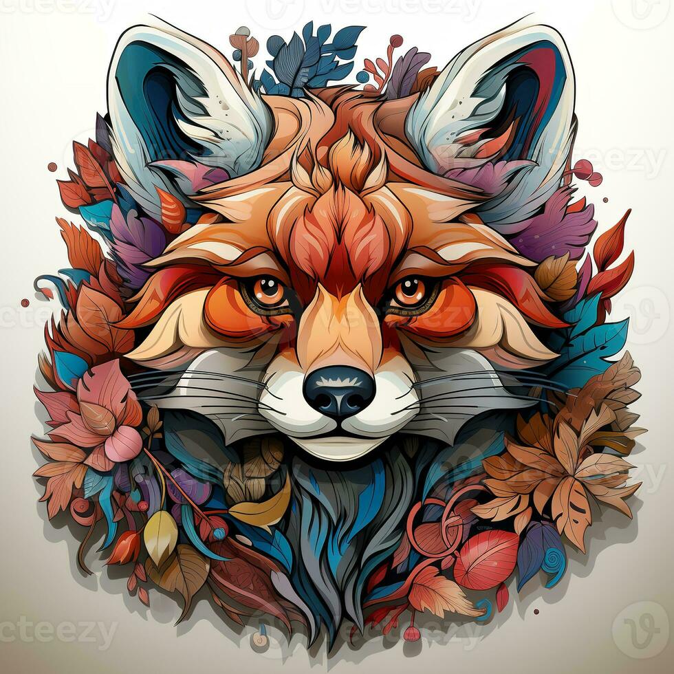 AI generated Digital artwork of a colorful red panda with flowers on its head, looking directly at the viewer. The red panda fur is bright and vibrant, and the flowers are arranged in a variety photo