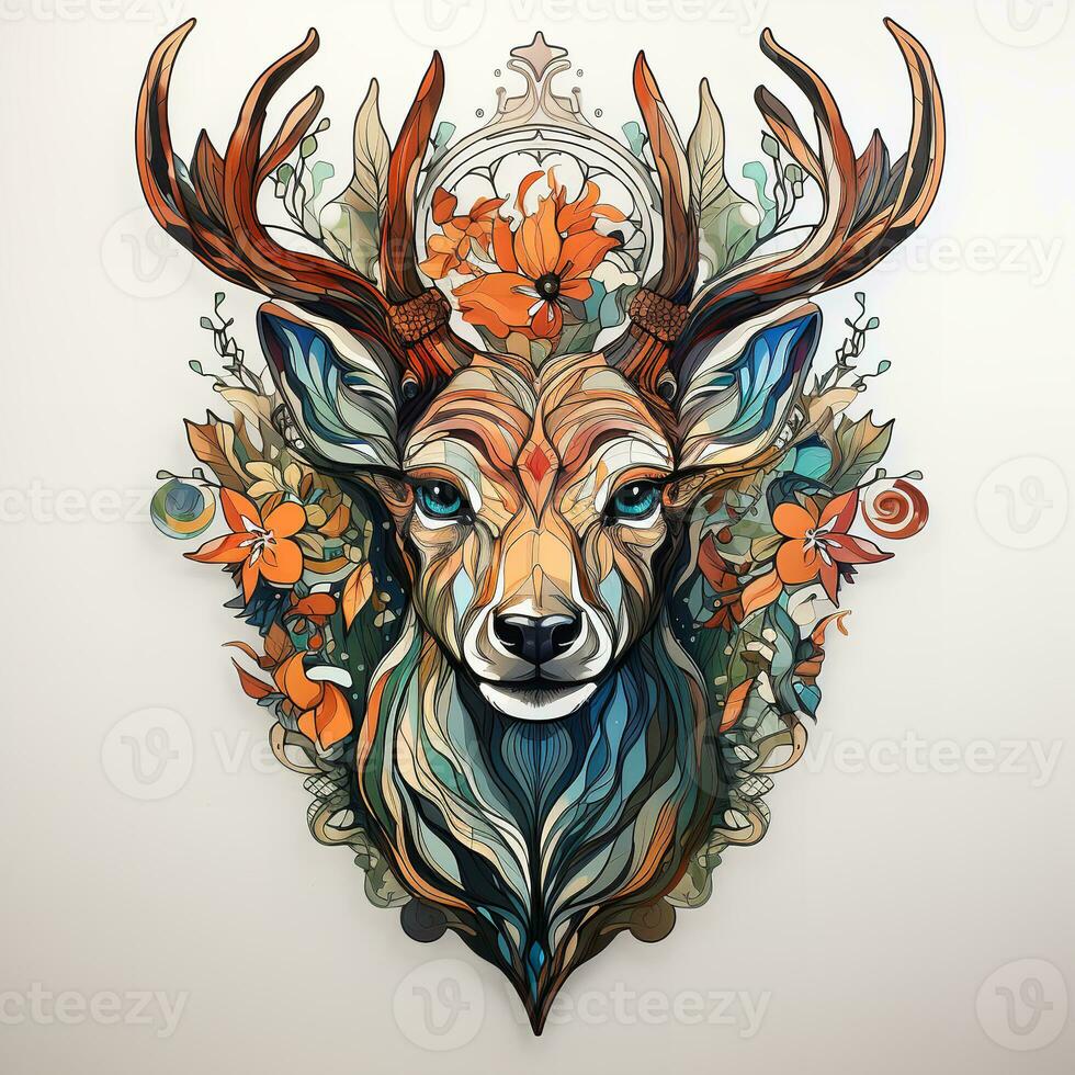AI generated A close-up digital painting of a deer head with a crown of flowers on a white background. The deer has large brown eyes and a soft, furry coat. The crown of flowers is made up photo