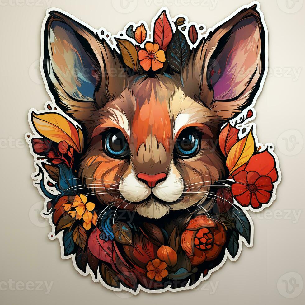 AI generated Digital artwork of a rabbit with a crown of flowers and leaves on its head. The rabbit is sitting upright, facing the viewer, with its ears perked up and its tail curled around its paws. photo