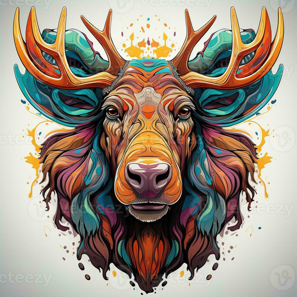 AI generated This digitally painted moose head is a feast for the eyes, with its vibrant colors and intricate antlers. The moose's fur is a mix of blue, green, yellow, and orange, and its antlers photo