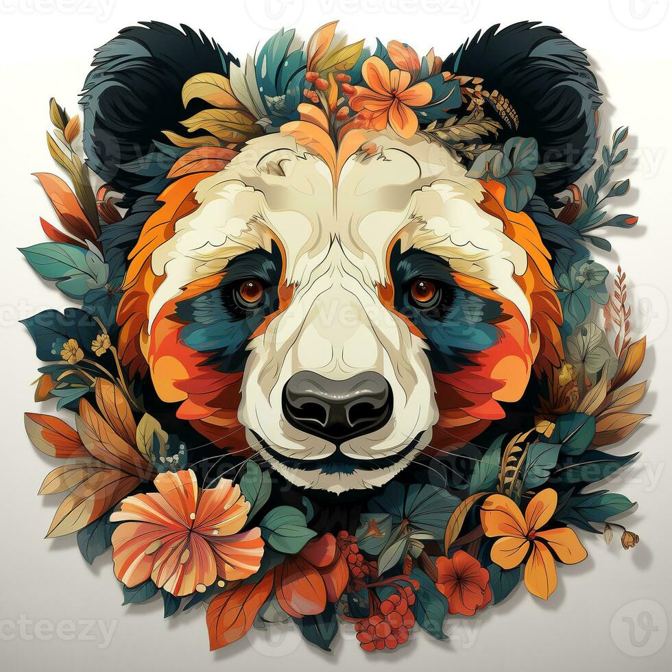 AI generated Digital painting of panda bear's head surrounded by a vibrant array of flowers and leaves. The panda has a peaceful expression on its face and its eyes are closed, as if enjoying a moment photo