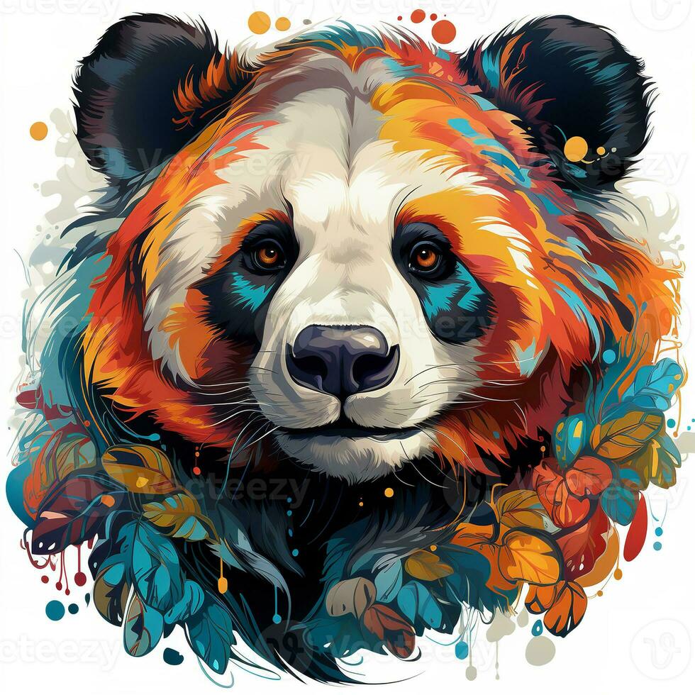 AI generated A whimsical and heartwarming digital painting of a panda bear's head wearing a crown of colorful flowers. The panda has a peaceful expression on its face and its eyes are closed photo
