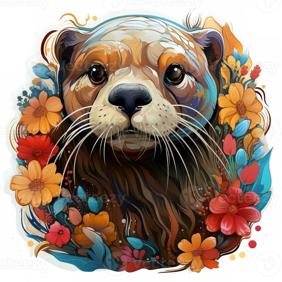 AI generated Digital painting of a sea beaver floating on back in water surrounded by flowers. beaver has serene expression and eyes closed, flowers vibrant and colorful. Peaceful and calming image. photo