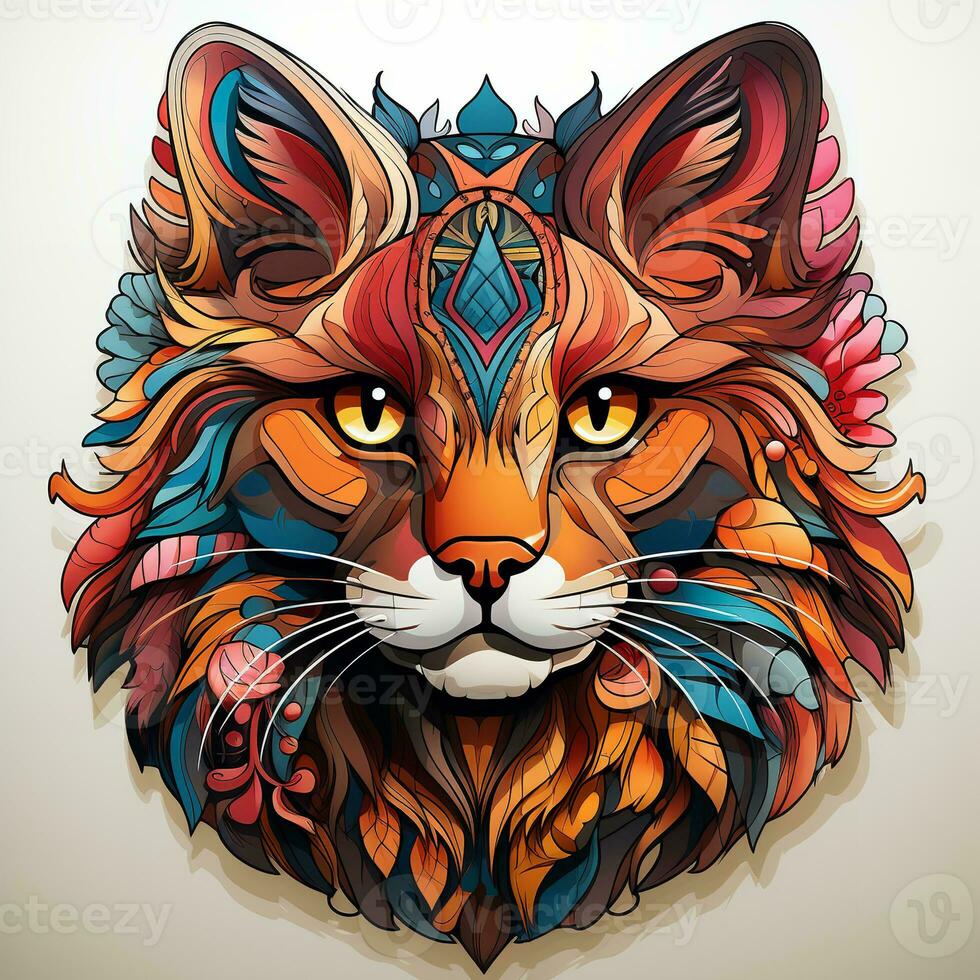 AI generated Striking digital art of a cat head, its fur rendered in a mesmerizing pattern of swirling colors. The cat eyes are bright and intelligent, and its expression is one of curiosity photo