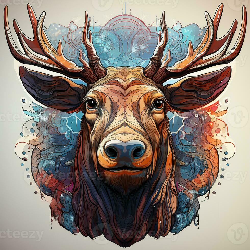 AI generated This mesmerizing digital art depicts a moose head with antlers silhouetted against a mandala in the background. The moose head is rendered in a realistic style, with its fur and antlers photo