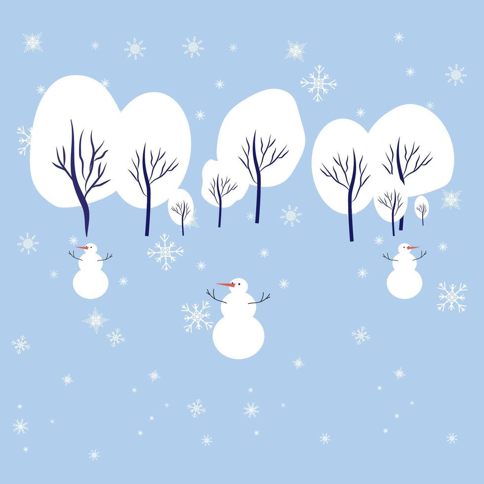 A snowy park. People make snowman and sledding in forest. Concept of active recreation. Happy winter holidays. Vector colorful seasonal illustration