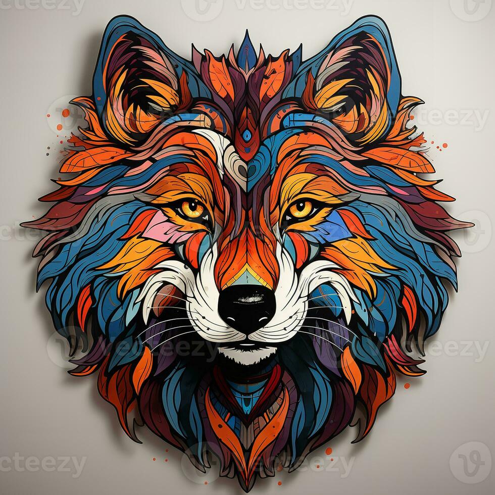 AI generated This captivating digital art depicts a mystical wolf head with colorful fur and glowing eyes. The wolf's expression is one of wisdom and ancient knowledge. photo