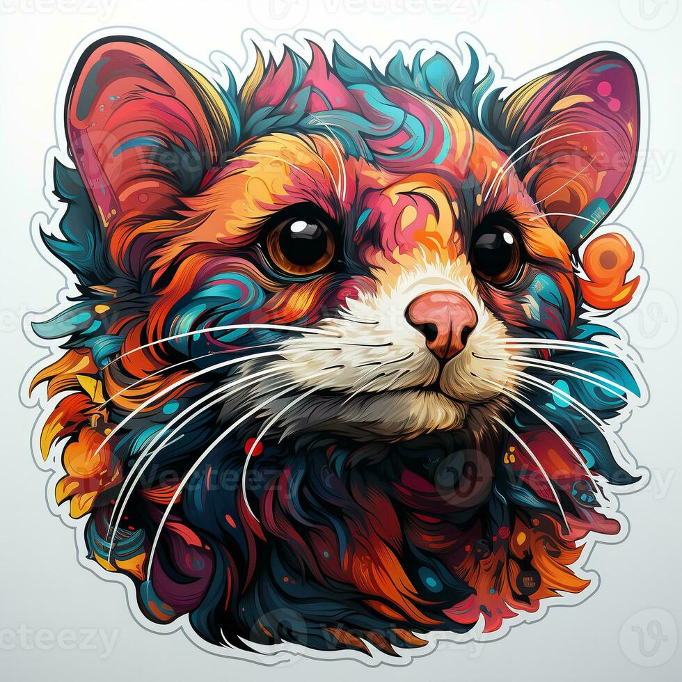 AI generated Digital artwork of a rat head with colorful and intricate patterns. The rat is looking directly at the viewer with its big, expressive eyes. photo