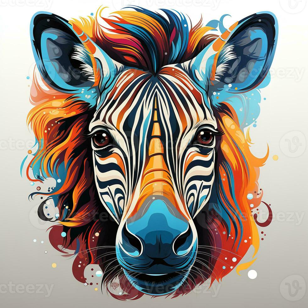 AI generated This captivating digital art depicts a colorful zebra head with glowing eyes emerging from the darkness. The zebra expression is one of wisdom and mystery photo