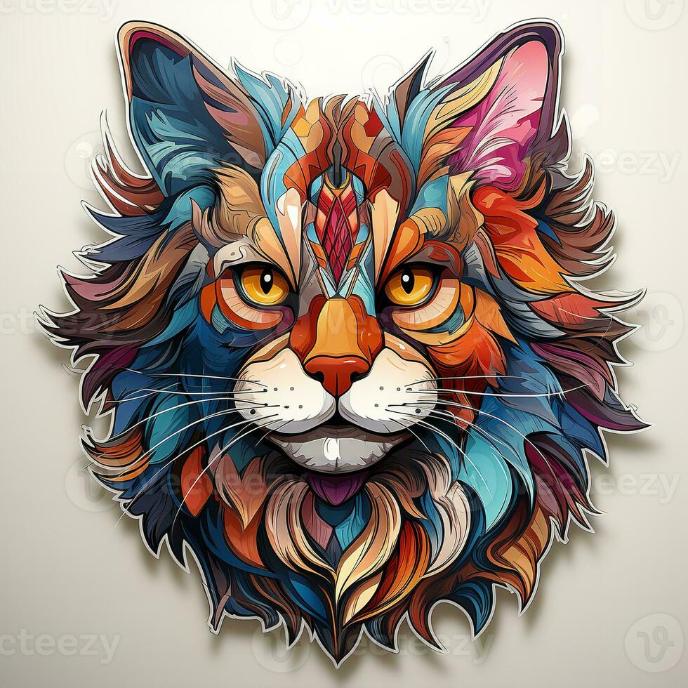 AI generated Vivid digital art of a cat head with a flowing lion mane. The cat eyes are bright and piercing, and its expression is one of determination and strength. The mane is rendered photo