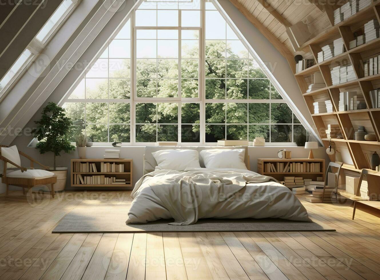AI generated Inviting rustic attic bedroom with a bed, dresser, nightstand, rug, plants, and artwork. The room is decorated in a neutral color palette with exposed wood beams, white walls photo