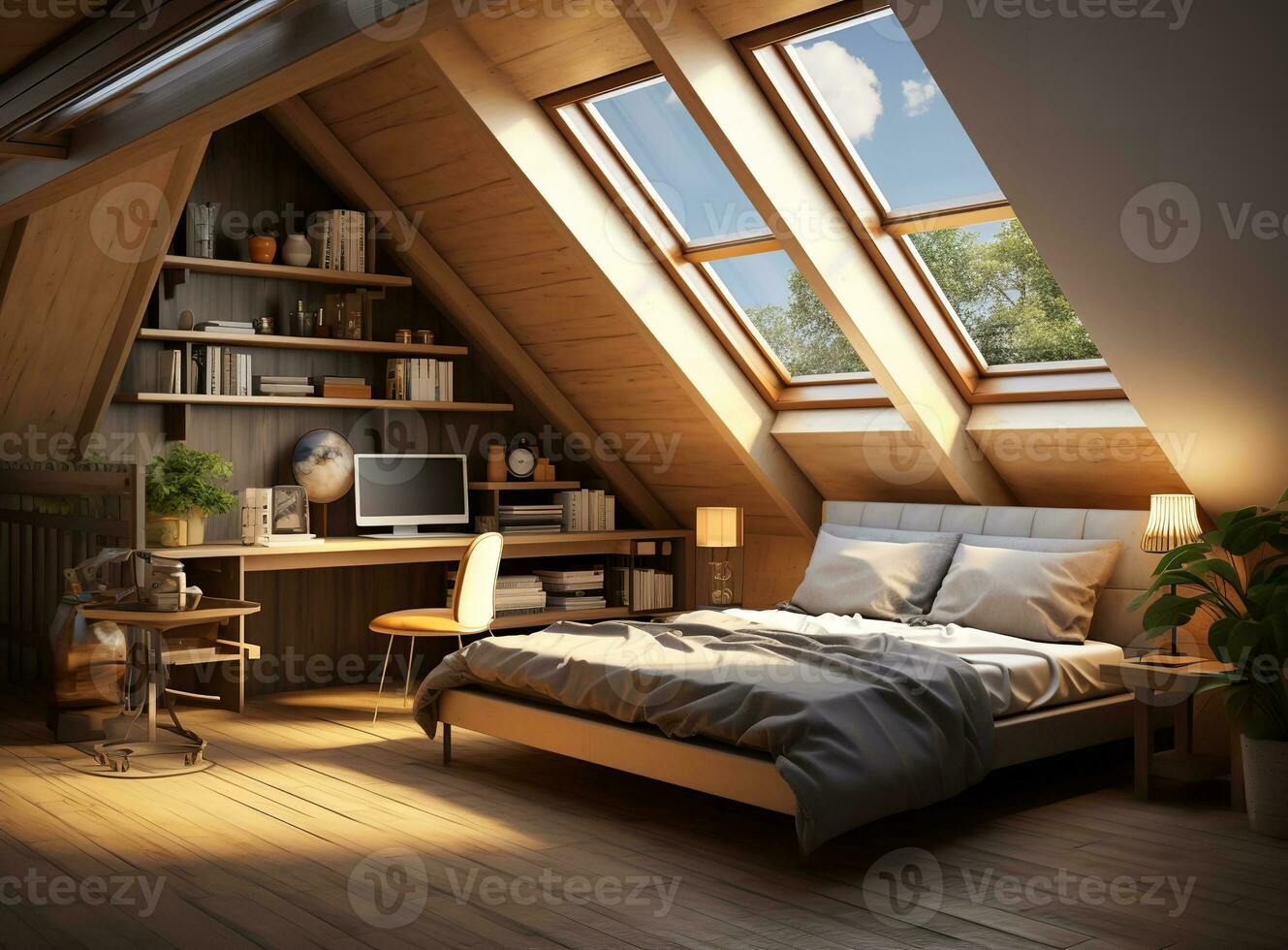 AI generated Serene minimalist bedroom with a bed, desk, shelves, and plants. The room is decorated in a neutral color palette with pops of color from the plants and artwork. photo