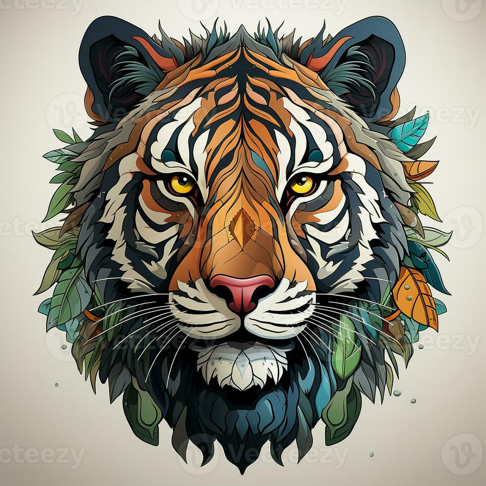 AI generated This captivating digital artwork depicts a colorful tiger with leaves on its head and a fierce gaze. The tiger fur is a vibrant tapestry of hues, from deep oranges to fiery reds photo