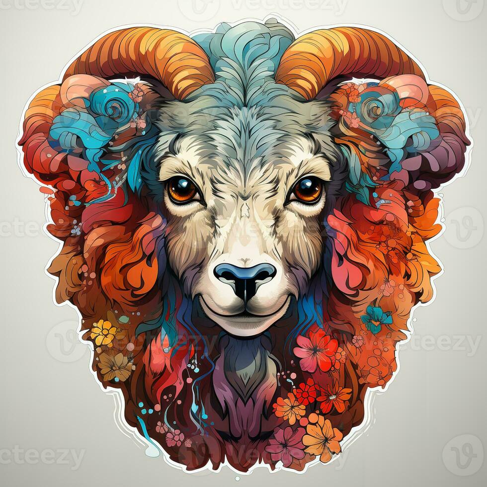 AI generated This mesmerizing digital artwork depicts the head of a sheep with flowers on its horns, against a dark background. The sheep fur is a deep black, contrasting with the vibrant colors photo