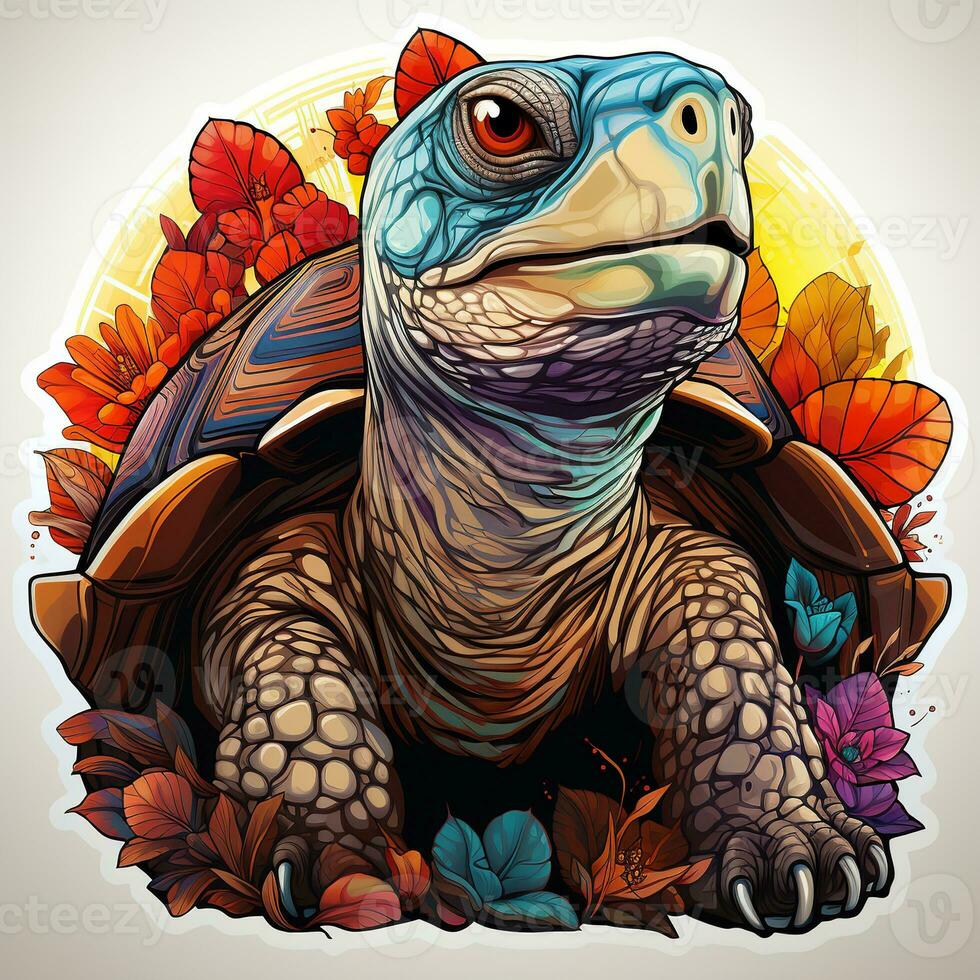 AI generated This captivating digital artwork depicts a colorful tortoise with intricate details and a sense of curiosity. The tortoise shell is a vibrant symphony of hues, from deep oranges photo