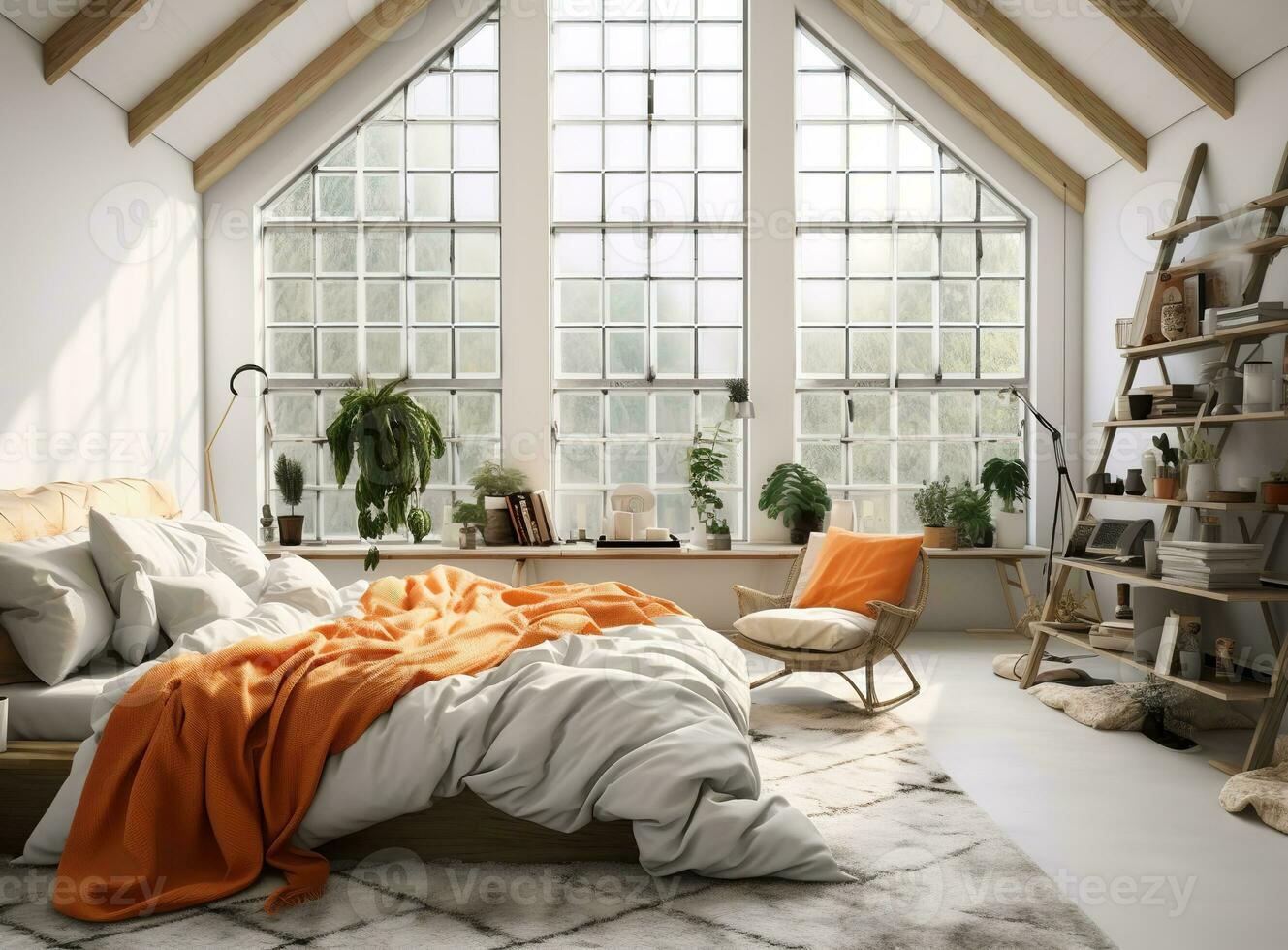 AI generated Cozy bedroom with a bed, chair, shelves, and plants. The room is decorated in a neutral color palette, with white walls and light wood furniture. The bed is made with fresh linen photo