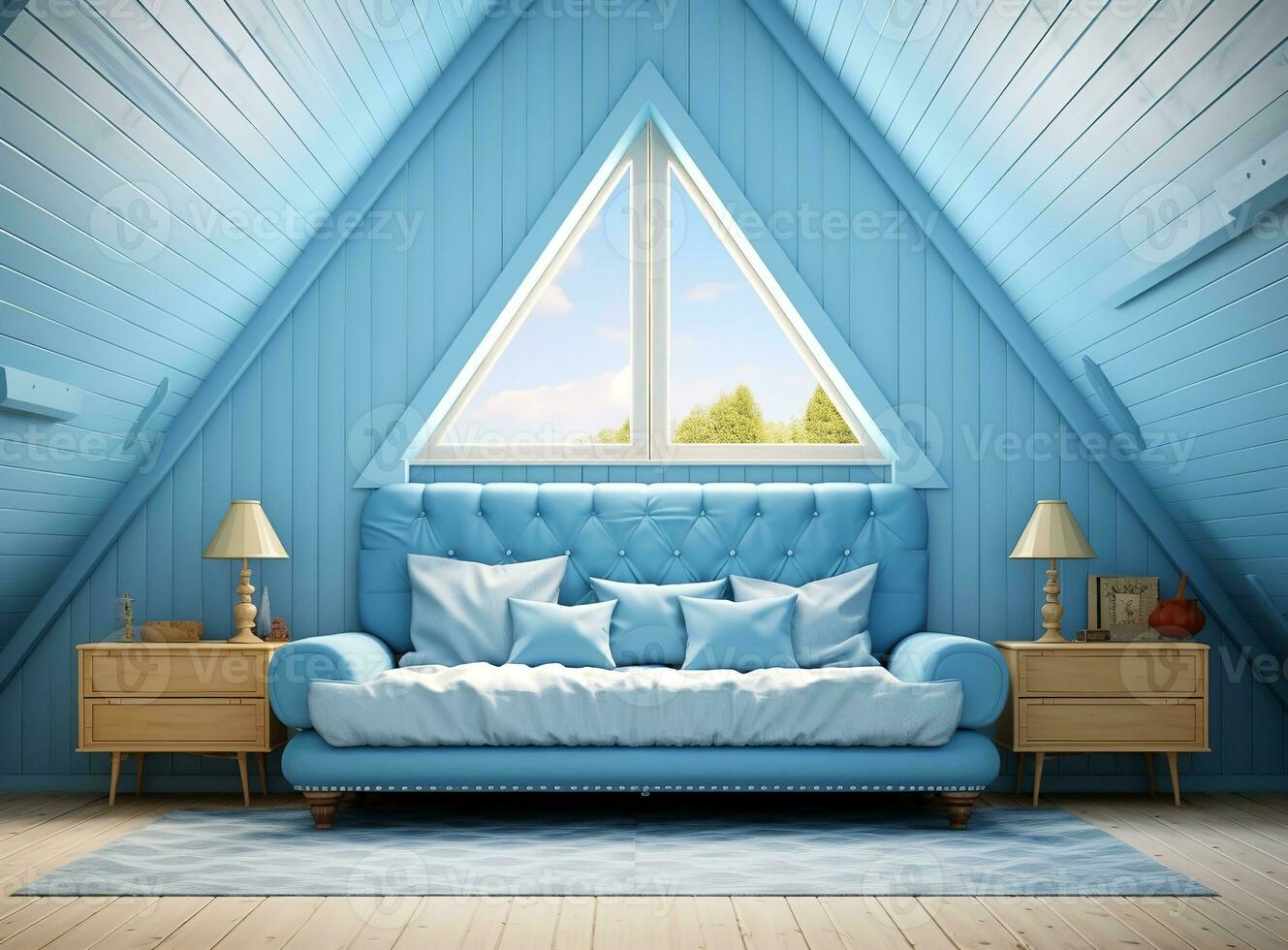 ai generado atractivo ático vivo habitación con un azul foto