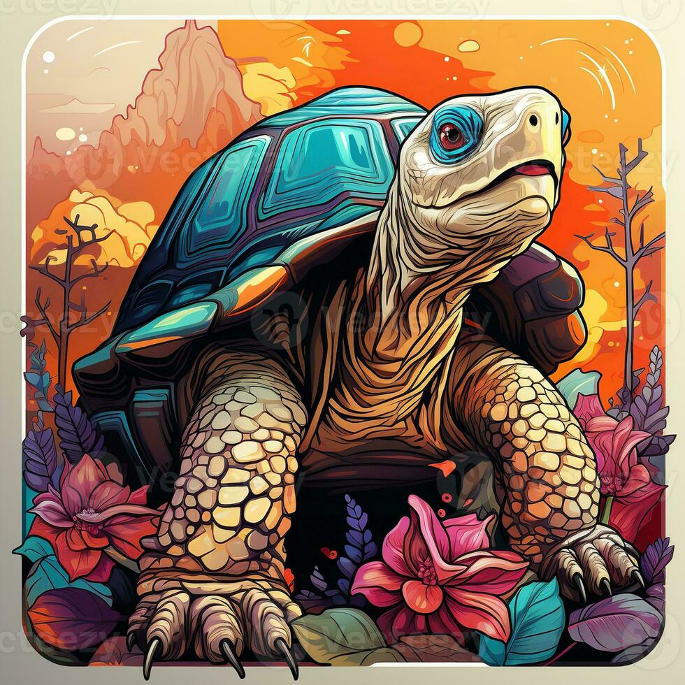 ai generado esta encantador digital Arte pedazo capturas el belleza y serenidad de naturaleza. un brillantemente de colores Tortuga se sienta en un campo de flores silvestres, sus cáscara mezcla en perfectamente foto