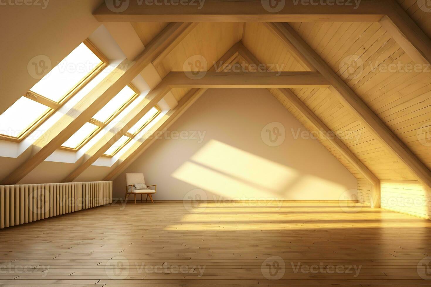 AI generated empty attic with wooden floor, single chair, and skylight, flooded with natural light. The room is spacious and bright, with a unique character created by the sloping ceiling photo