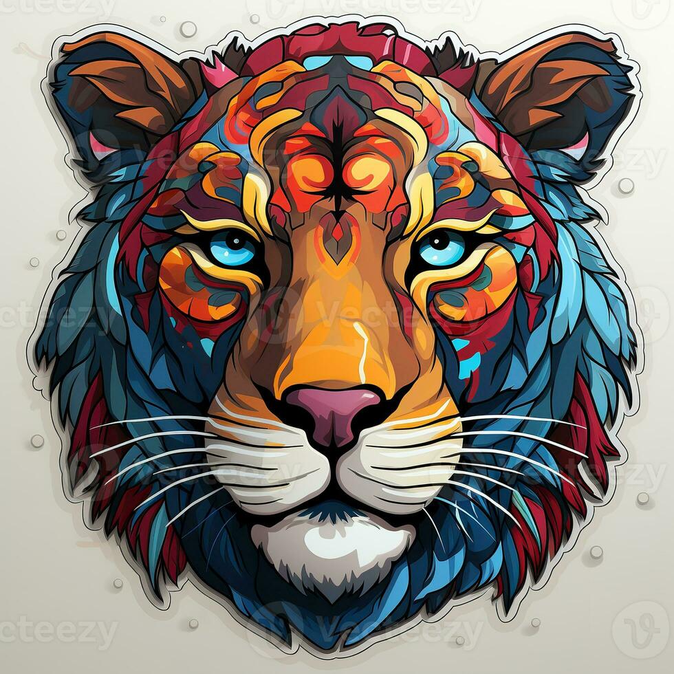 AI generated A mesmerizing and vibrant digital illustration of a jaguar head with bright blue eyes on a plain white background. The jaguar has a fierce expression, and its fur is adorned photo
