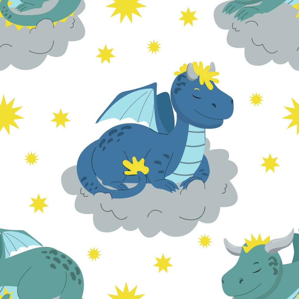 Cute seamless pattern with sleeping dragons, clouds and stars. vector