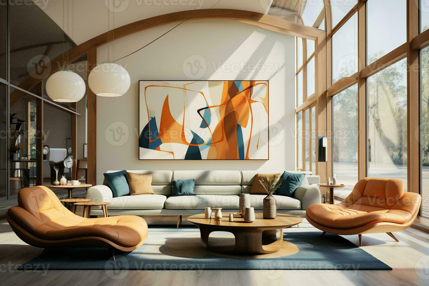 AI generated Comfy living room with a light brown couch, two chairs, and a coffee table, all set against a white wall with a painting above it. The rug is a dark brown and the floor is a light wood. photo