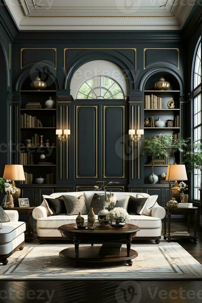 AI generated Luxurious living room with a black and gold geometric rug, modern black sofa, white coffee table, and black framed mirror. The curtains are a mix of black and white fabric. photo