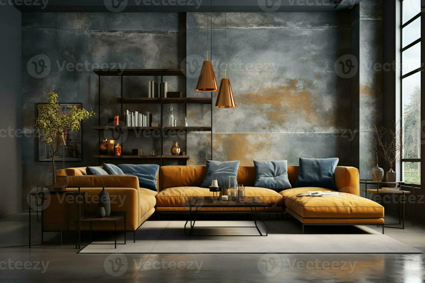 AI generated Modern living room with a white sectional couch, glass coffee table, and patterned rug on hardwood floors. The room is decorated in a neutral color palette with pops of color photo