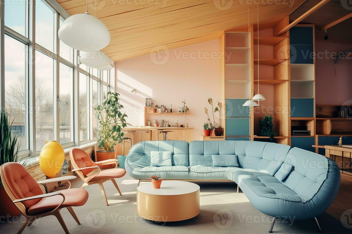 ai generado acogedor y atractivo ático vivo habitación con un sofá, alfombra, plantas, obra de arte, y inclinado techo. el habitación es decorado en un neutral color paleta con blanco paredes y ligero madera mueble foto