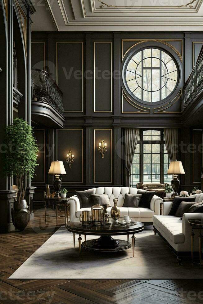 AI generated Stylish living room with a round window, black sofa, and white coffee table. A black rug with white accents ties the room together. A few plants and pieces of art photo