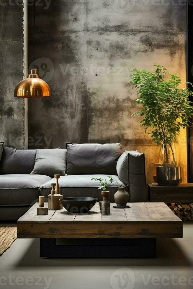 ai generado elegante medio siglo moderno vivo habitación con un marrón cuero sofá, vaso café mesa, y estampado alfombra. el habitación es decorado en un neutral color paleta con estallidos de color foto