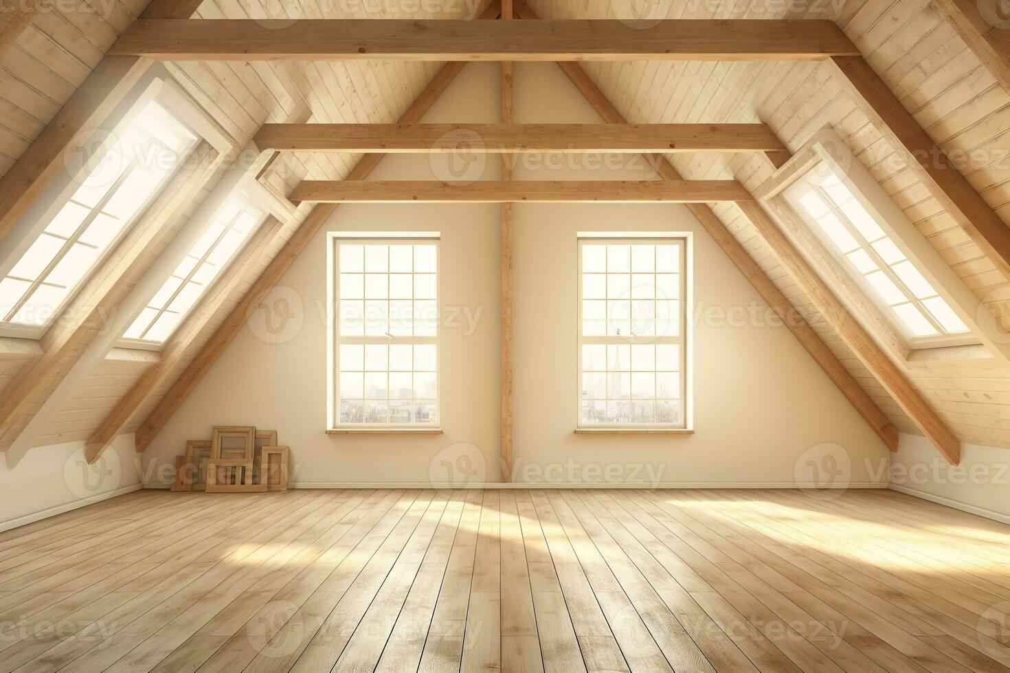 AI generated Spacious and inviting empty attic with wooden beams, windows, and exposed brick walls. The room is flooded with natural light, creating a bright and airy atmosphere. photo