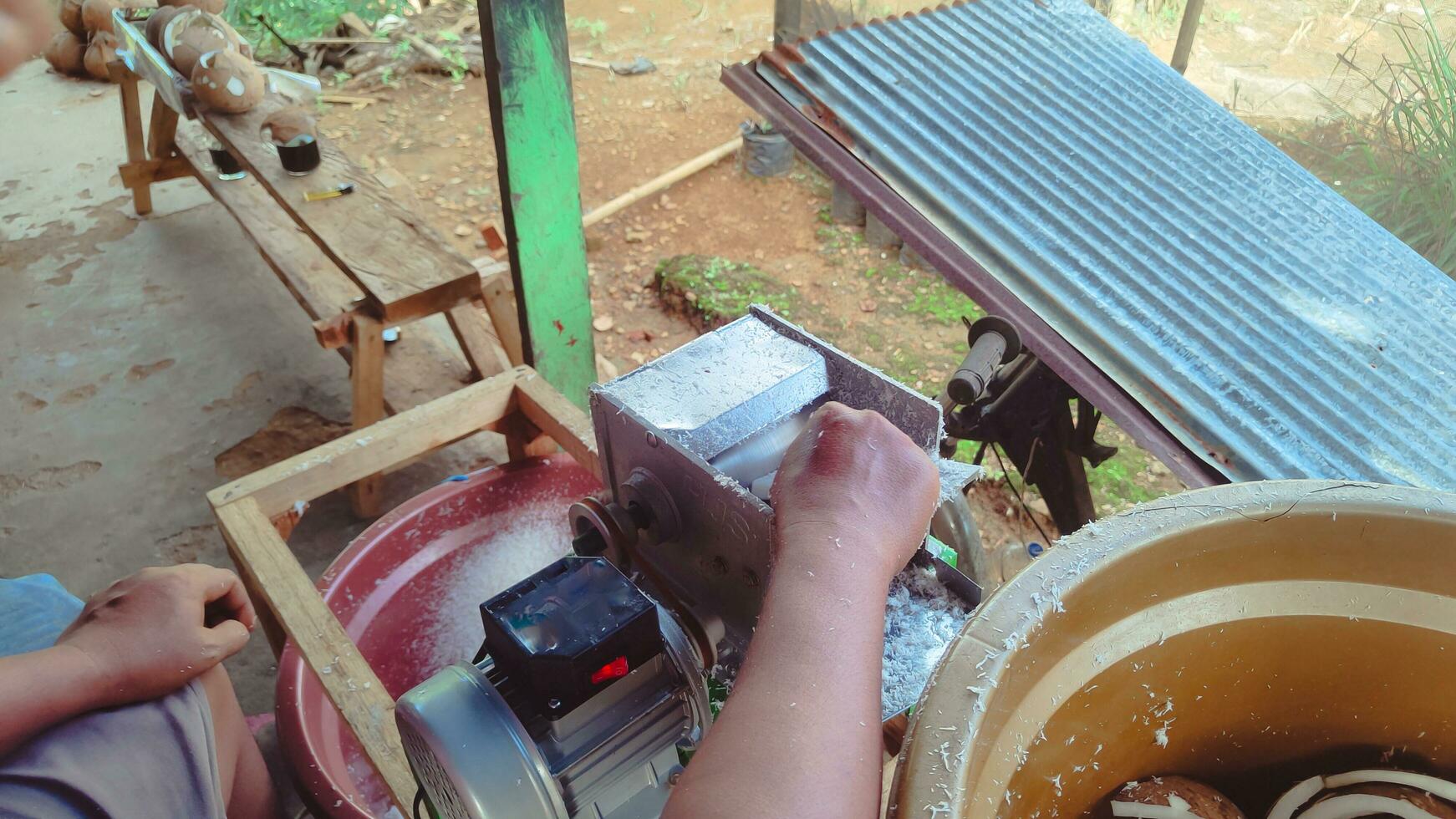 Human hands can be seen grating coconuts using a grater machine photo