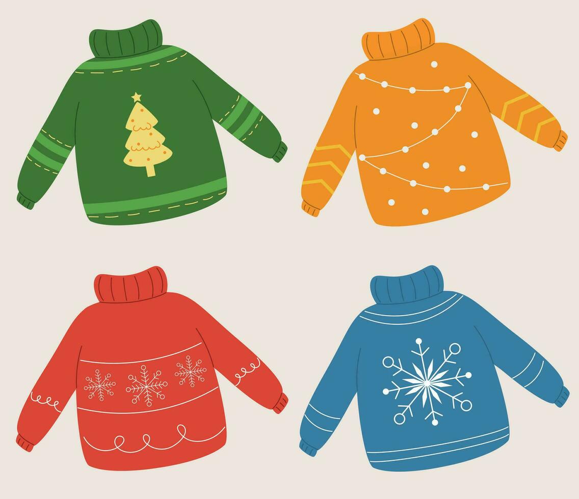 Vector collection of ugly sweaters, hand drawn cartoon sweater