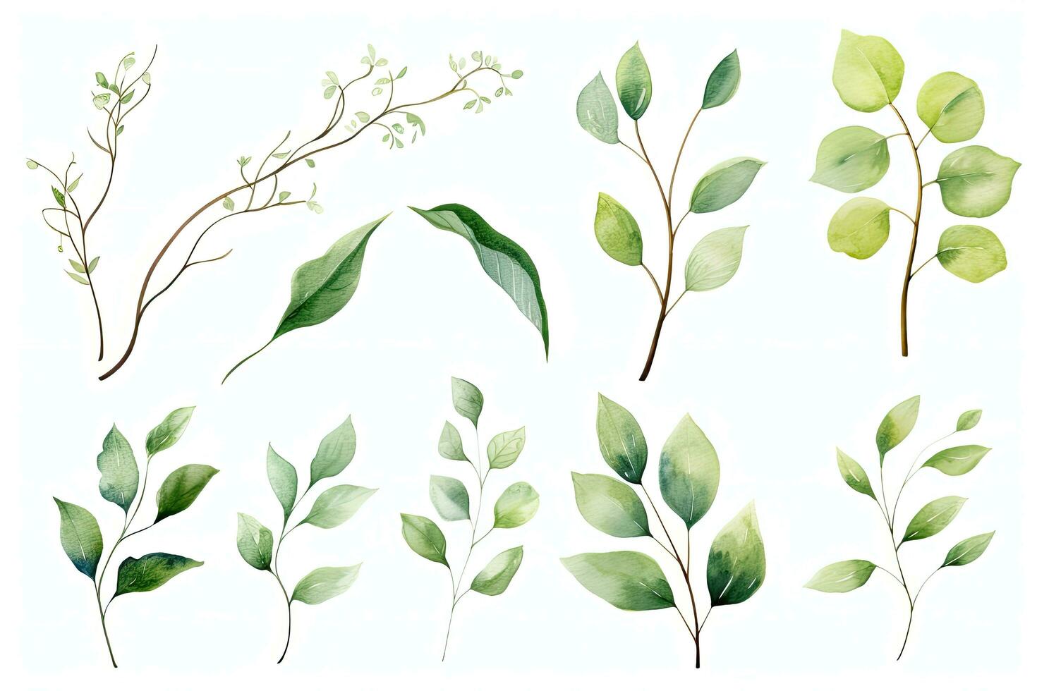 AI generated Watercolor set of green branches and leaves. Hand drawn vector illustration, Watercolor floral illustration set - green leaf branches collection, AI Generated photo