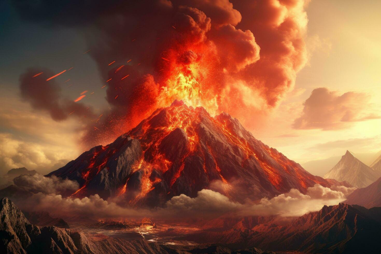 AI generated Volcanic eruption in the mountains at sunset. 3D rendering, Volcanic Mountain In Eruption - 3D rendering, AI Generated photo