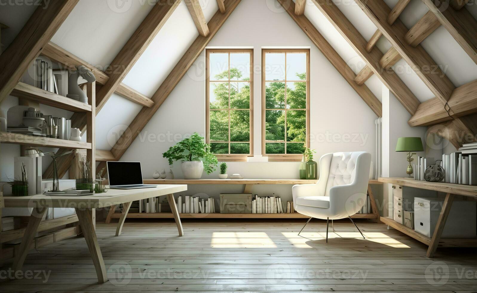 AI generated modern bedroom with a white bed, wooden dresser, floor-to-ceiling windows, plants, and string lights. The white bed invites you to curl up and relax, photo