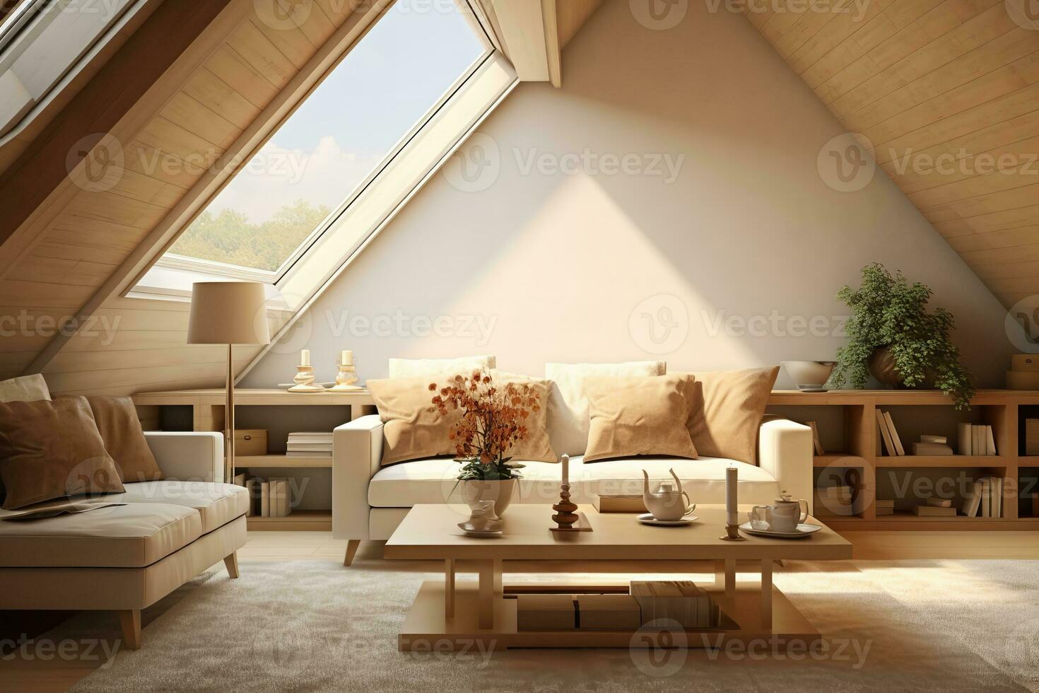 AI generated minimalist living room with a gray couch, coffee table, and rug, lit by a large window. Decorated with a neutral color palette of white and gray, and simple yet stylish furniture. photo