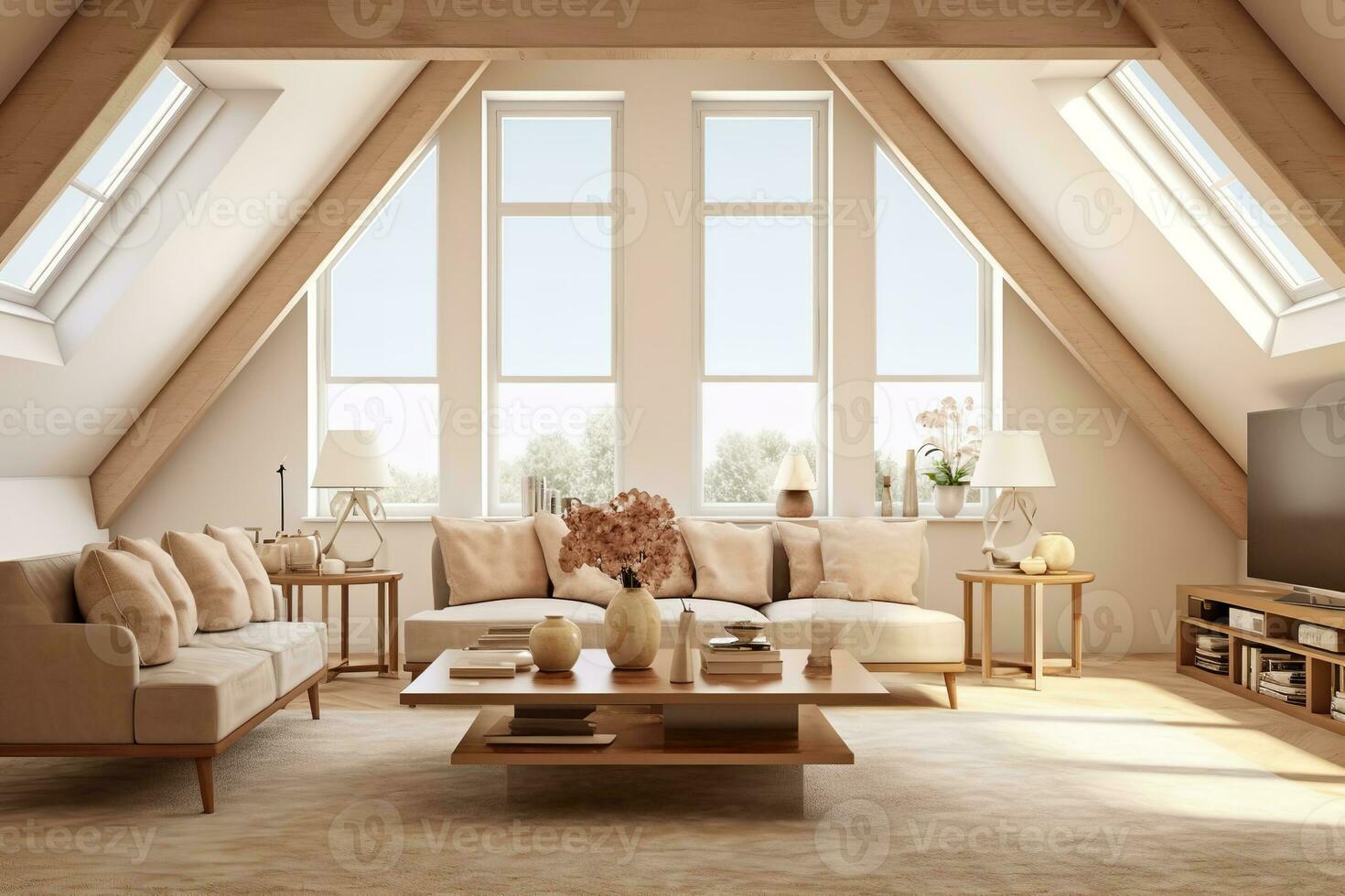 AI generated attic living room with a white couch, coffee table, and TV, decorated with plants and artwork. The sloped ceiling and exposed beams add a unique character to the space, while the windows photo
