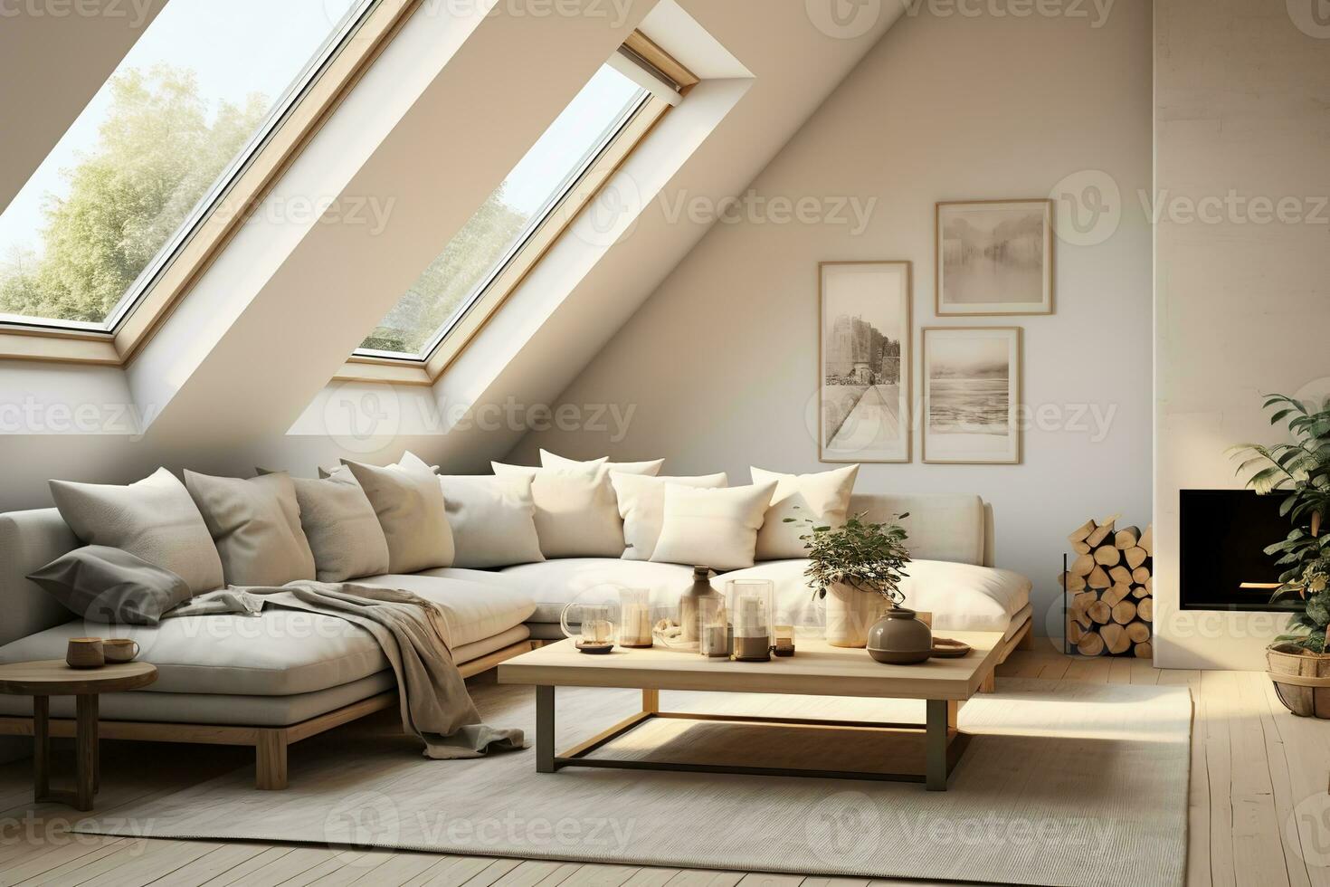 AI generated coastal living room with a white couch, wooden coffee table, rug, shells, and driftwood. Decorated in a neutral color palette with white walls and light wood furniture photo