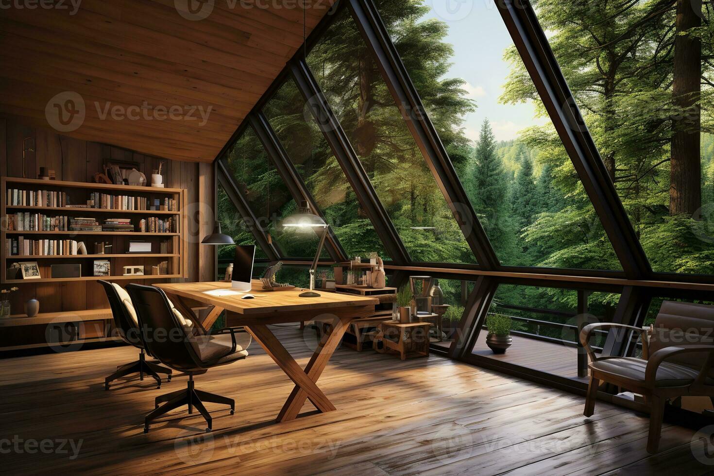 ai generado un moderno de madera cabina oficina caracteristicas un grande triangular ventana ese ofertas un panorámico ver de un bosque. el espacio es amueblado con un escritorio, silla, estante para libros, y otro accesorios. foto