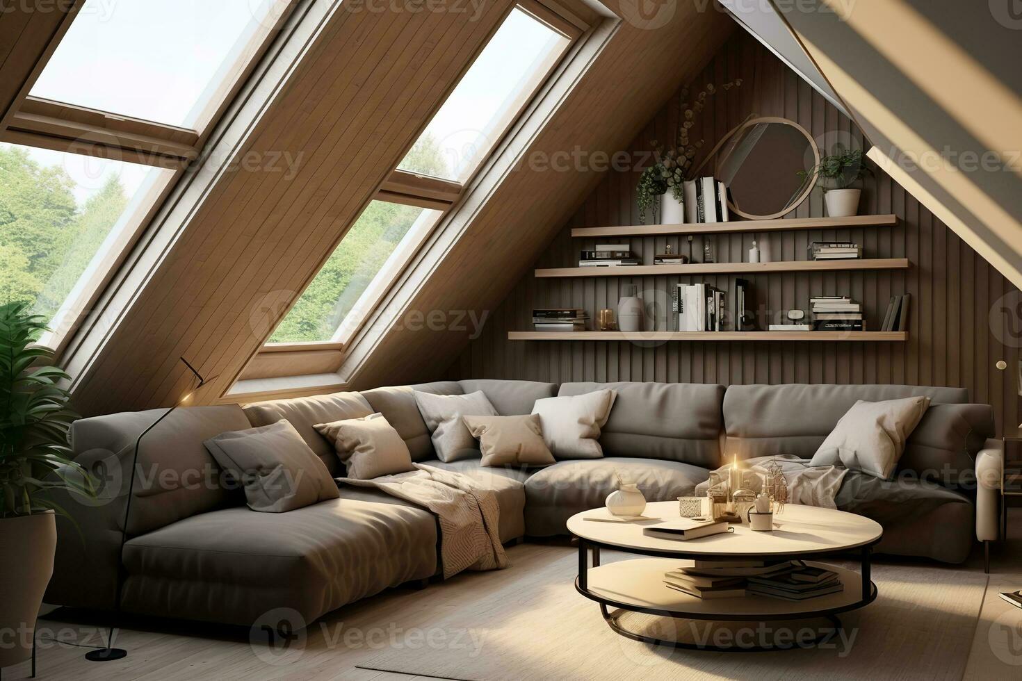 AI generated A cozy living room in an attic with a couch, coffee table, and shelves. The couch is covered in pillows and there is a rug on the floor. The coffee table is covered in books photo